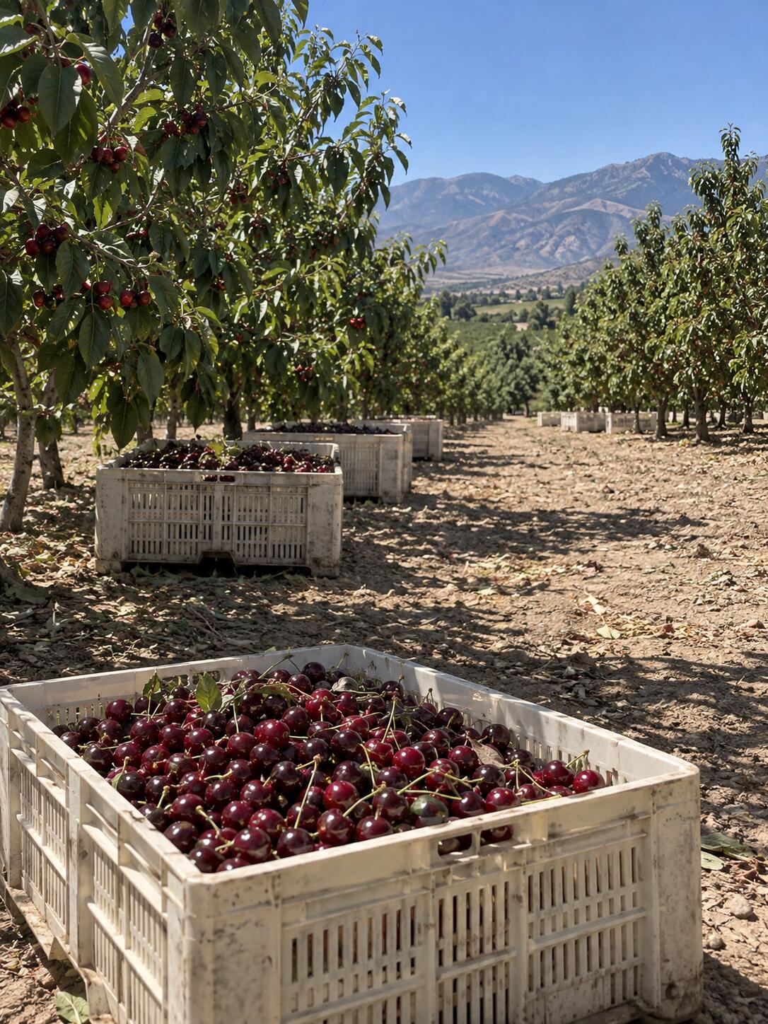 Freshly harvested cherries in crates beside an orchard